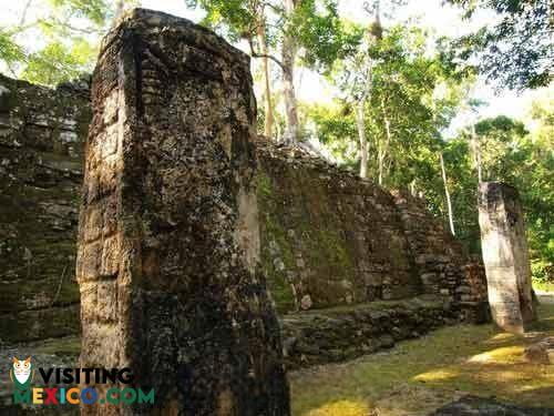 Carved stelae and stone walls at the ancient Mayan ruins of Calakmul
